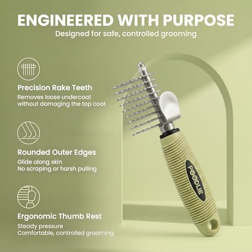 Poodle Dematting Fur Rake Comb Brush for Dogs and Cats - Long 2.5" Steel Safety Blades Metal Comb for Detangling Matted or Knotted Undercoat Hair (Green)