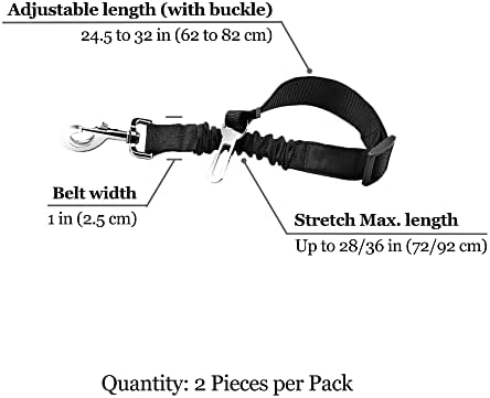 SunGrow Elastic Nylon Dog Seat Belt, 24” - 36”, Adjustable Black Harness, Elastic Tether with Metal Buckles, 2 Pcs per Pack
