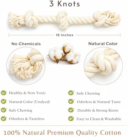 Dog Rope Toys for Large/Medium Aggressive Chewers, Tough Cotton Chew Toy, 22 Inch 3 Knots Indestructible, Tug of War Dog Pull Rope Teeth Cleaning (3 Knots)