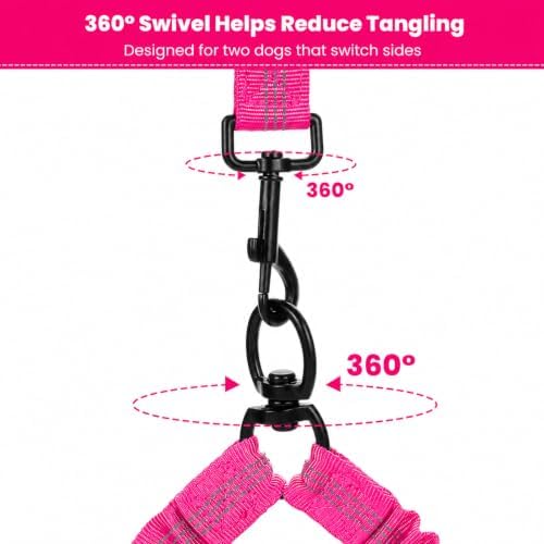 Hands Free Double Dog Leash, 4 Reflective Padded Handles, Adjustable Waist Belt 27-51", Shock-Absorbing Bungee, 360° Swivel Clips, for Small, Medium & Large Dogs, Walking Jogging Running