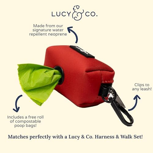 Lucy & Co. Cherry Red Dog Poop Bag Holder and Dispenser, Clips to Leash, Water-Repellent Neoprene, Includes Refill Roll