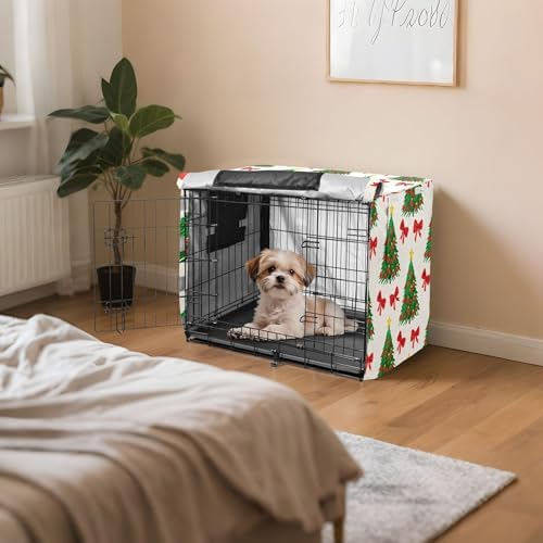 Kigai Christmas Tree Bow Dog Crate Cover Oxford Fabric Windproof Waterproof Kennel Cover with Breathable Mesh & Roll-Up Panels, Fit for 54 in Cage, Washable
