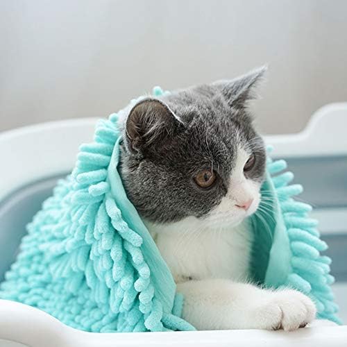 Petlex Dry Dog Towel, Cat Bath Towel, Super Absorbent Quick Dry Microfiber Chenille Shammy Towel with Hand Pockets, Best Pet Drying Towel for Dogs & Cats, 31.5 x 13.8 inch, Blue