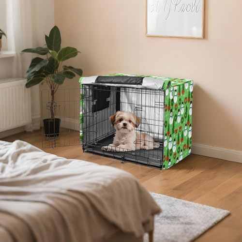 Kigai Snowmen Tree Dog Crate Cover Oxford Fabric Windproof Waterproof Kennel Cover with Breathable Mesh & Roll-Up Panels, Fit for 41 in Cage, Washable