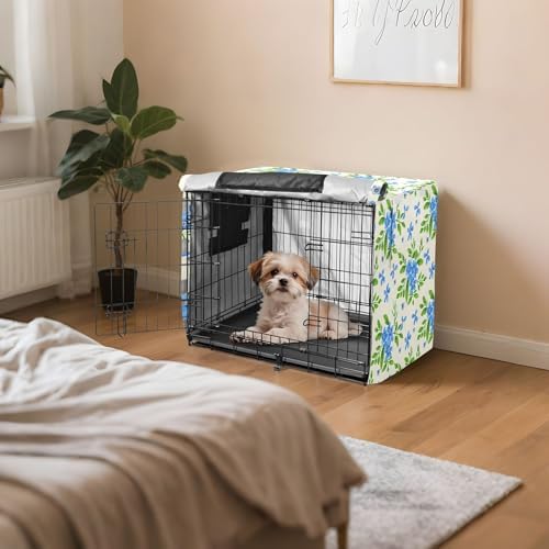 Kigai Flowers Dog Crate Cover Oxford Fabric Windproof Waterproof Kennel Cover with Breathable Mesh & Roll-Up Panels, Fit for 35 in Cage, Washable