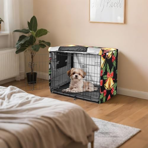 Kigai Christmas Bell Dog Crate Cover Oxford Fabric Windproof Waterproof Kennel Cover with Breathable Mesh & Roll-Up Panels, Fit for 41 in Cage, Washable