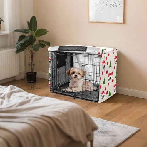 Kigai Santa Claus Tree Dog Crate Cover Oxford Fabric Windproof Waterproof Kennel Cover with Breathable Mesh & Roll-Up Panels, Fit for 54 in Cage, Washable