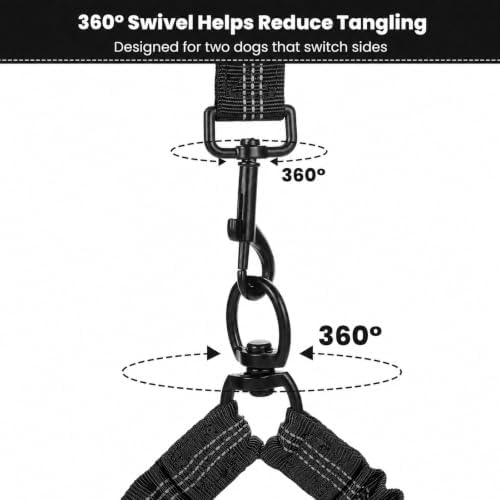 Hands Free Double Dog Leash, 4 Reflective Padded Handles, Adjustable Waist Belt 27-51", Shock-Absorbing Bungee, 360° Swivel Clips, for Small, Medium & Large Dogs, Walking Jogging Running