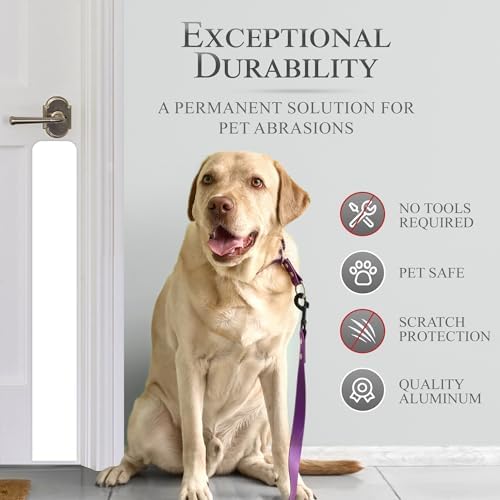 Deck the Door Decor Dog Scratch Door Protection Plate - Elegant Anodized Aluminum for All Door Types. Pet-Safe with Polished Edges and Rounded Corners. 3M Adhesive Mount - Minimalist White 4x22in