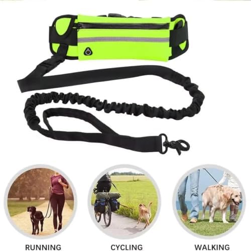 Hands Free Dog Running Leash with Waist Pack, Reflective Strip Elastic Shock Absorbing Walking Belt, Adjustable Waist Strap for Jogging Hiking Walking Medium Small Dogs (Green)