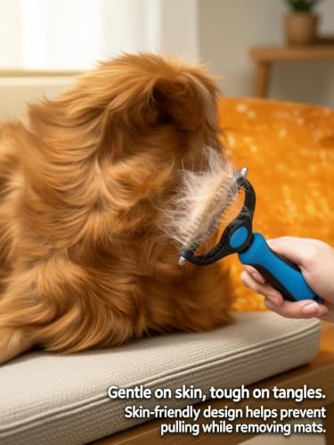 Dual-Sided Pet Grooming Rake for Dogs and Cats 2-in-1 Undercoat Deshedding Tool & Dematting Comb, Tangles & Loose Fur, Ergonomic Handle for Long-Haired Pets,Blue:M