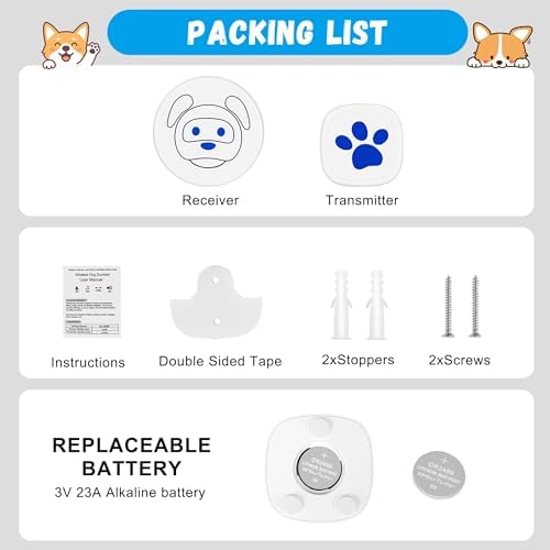 Dog Doorbell, Wireless Ring Bell to Go Outside, IP55 Waterproof Buttons, 55 Melodies, 4 Volume Levels & 950ft Range (White, 1 Reciever 1 Transmitter)