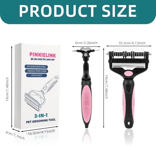 3-IN-1 Pet Grooming Tool - Undercoat Rake, Dematting Comb & Deshedding Brush for Cats, Dogs, Horses - Removes Mats, Tangles & Loose Fur, Reduces Shedding & Prevents Hair Mess (Pink)
