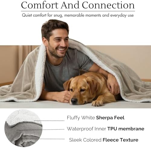 Waterproof Blanket for Bed Intimacy (90"x 80" King Size) Reversible Fleece | Sherpa, Love Blanket, Water Proof TPU Stain Proof Couch Furniture Mattress Large Dog Bed Cover - Beige