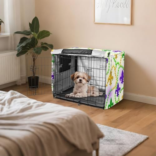 Kigai Mardi Gras Dog Crate Cover Oxford Fabric Windproof Waterproof Kennel Cover with Breathable Mesh & Roll-Up Panels, Fit for 54 in Cage, Washable