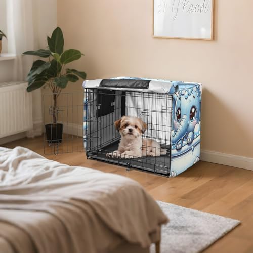 Breathable Cute Elephant Dog Crate Cover Roll-up Side Panels Covers for Pet Crates Medium
