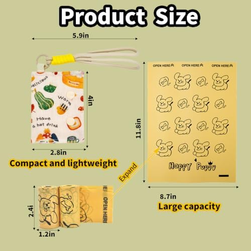 Cute Cartoon Pattern Fabric Dog Poop Bag Holder - Portable Leash - Attached Clip, Quick Access Dog Walking Essential, Includes 8 Rolls (120pcs Bags, Beige Food Print))