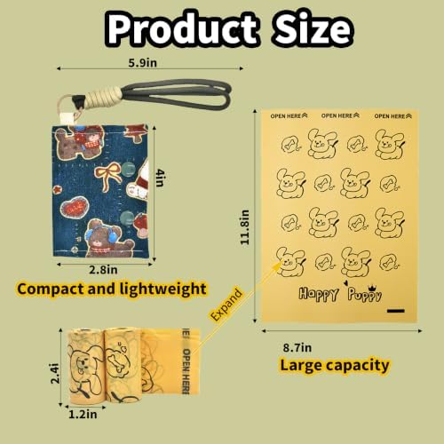 Cute Cartoon Pattern Fabric Dog Poop Bag Holder - Portable Leash - Attached Clip, Quick Access Dog Walking Essential, Includes 2 Rolls (30pcs Bags, Blue Denim Fabric)