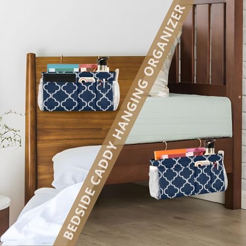 Bedside Caddy Hanging Bunk Bed Caddy Bed Organizer Hanging Pocket with 2 Hooks Bedside Storage Organizer Pocket Bag Holder Navy Blue Geometric Quatrefoil