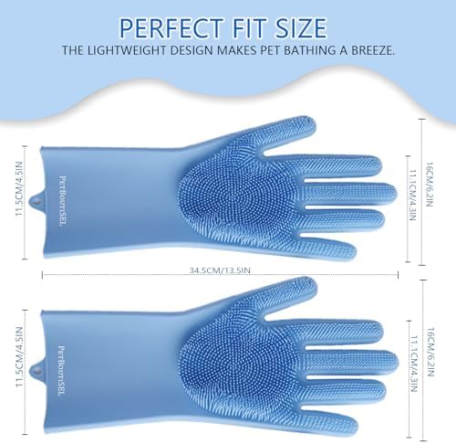 Pet Grooming Gloves & Dog Bath Brush - 2-in-1 Grooming Gloves for Dog, Silicone Cat Brush Glove for Hair Removal, Massage & Bathing, Heat Resistant & Non-Slip (Grey/Blue)