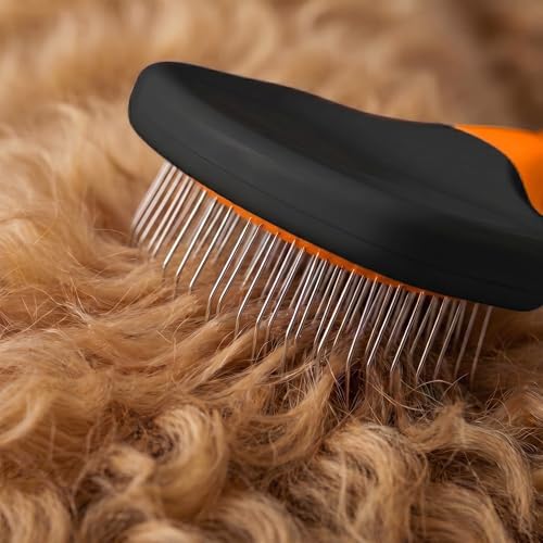 Poodle Pet Slicker Brush - For Dogs, Cats, Rabbits - Matted/Loose Fur, Knots - Suitable for Doodle/Goldendoodle Grooming and Shredding Short/Long Hair (Orange)