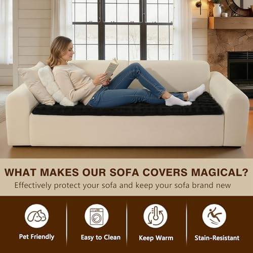 OHSIO Couch Cover for Pets Plush, Non Slip Cozy Sofa Cover Pet Friendly, Soft Thick Fuzzy Sofa Slipcovers for 3 Cushions Washable Couch Sofa Funiture Protector(Black,27.6'' x 94.5'')
