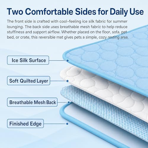 Pet Cooling Mat, 59'' × 40'' Self Cooling Dog Pad for Large Breeds, No Freezing Water or Gel, Washable Breathable Summer Mat for Crate Kennel Car Sofa Bed Floor, Indoor Outdoor