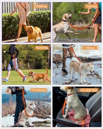 Hands Free Dog Leash, Multifunctional Crossbody Dog Leash, 5.9-9.5Ft Long Waist Belt with Car Seatbelt and Double-Sided Reflective Stitches for Medium and Large Dogs Walking, Jogging