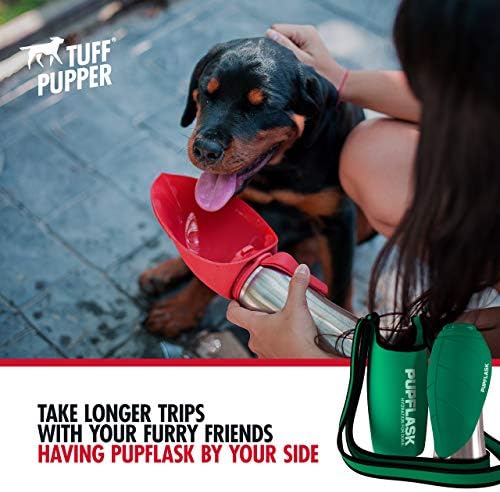Tuff Pupper PupFlask Insulated Neoprene Dog Water Bottle Holder Sling with Wide Adjustable Shoulder Strap, Great for Travel, Walking, Hiking, Portable Pet Water Bottle Holder (27 OZ, Quetzal Green)