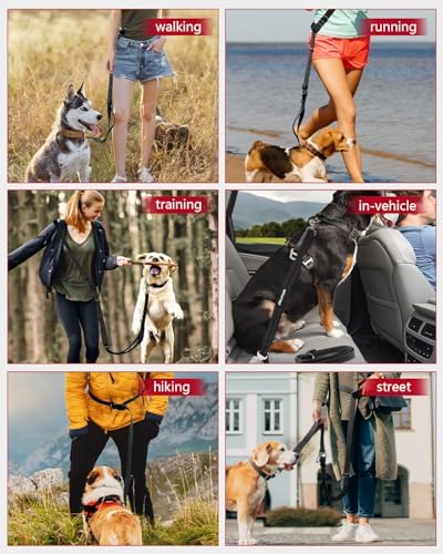 Hands Free Dog Leash, Multifunctional Crossbody Dog Leash, 5.9-9.5Ft Long Waist Belt with Car Seatbelt and Double-Sided Reflective Stitches for Medium and Large Dogs Walking, Jogging