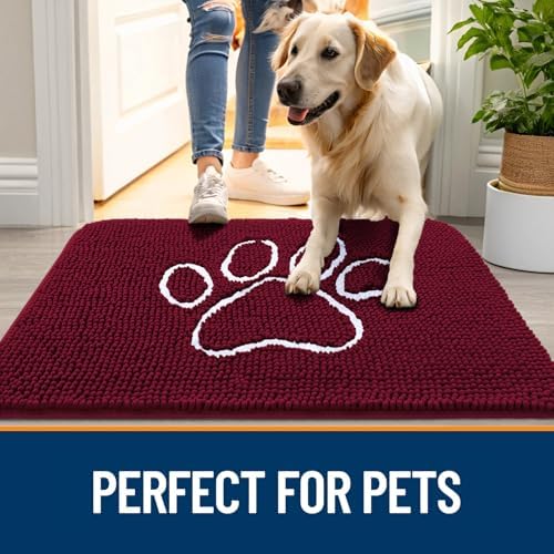 OLANLY Dog Door Mat for Muddy Paws 40x32, Paw Print Design Chenille Mud Mat