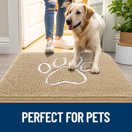 OLANLY Dog Door Mat for Muddy Paws 44x24, Paw Print Design Chenille Mud Mat