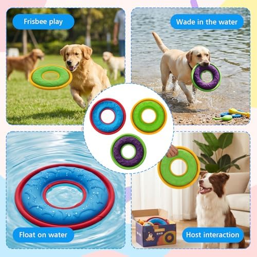 4 Pcs Dog Flying Discs Set 9.05 Inch Lightweight Nylon EVA Fetch Discs Float Water Safe Teeth Feedable Groove Design for Small Medium Large Dogs Blue Green Purple