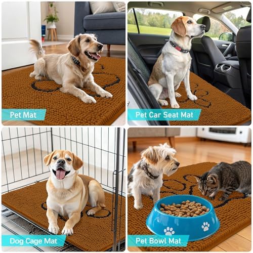 OLANLY Dog Door Mat for Muddy Paws 30x20, Paw Print Design Chenille Mud Mat