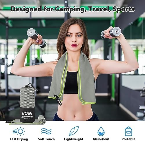 BOGI Microfiber Travel Sports Towel-Quick Dry, Soft Lightweight, Absorbent, Compact for Camping, Gym, Yoga, Swimming, Backpacking (XL:72''x32''+16''x16''-Grey)