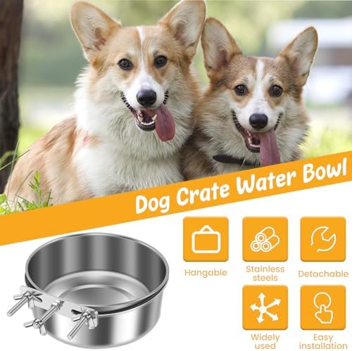 US 2 Pcs Dog Crate Water Bowl No Spill Cage Food Bowl Stainless Steel Feeding Dish Hanging Crate Dog Bowl Mountable Dog Kennel Water Bowl for Kennel Cage Crates(S)