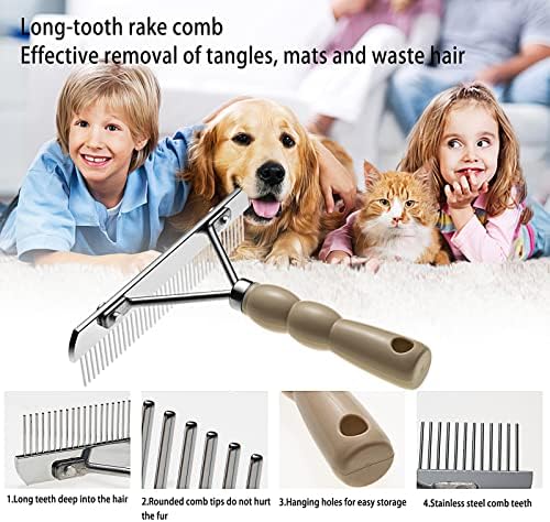Undercoat Rake for Dogs, 2 Pack Double Coat Brush Set Long Tooth Undercoat Brush & Flea Comb, Long Hair Dog Combs for Grooming Shedding German Shepherd Horse Great Pyrenees
