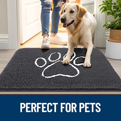 OLANLY Dog Door Mat for Muddy Paws 59x20, Paw Print Design Chenille Mud Mat