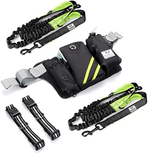 SHINE HAI Retractable Hands Free Dog Leash with Dual Bungees for 2 Dogs, Adjustable Waist Belt, Reflective Stitching Leash for Running Walking Hiking Jogging Biking Black - Green1