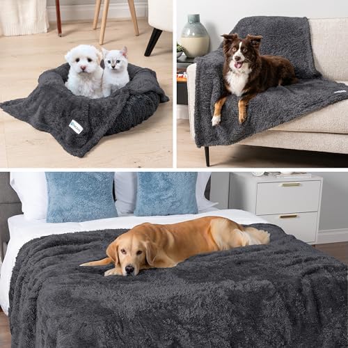 PetAmi Fluffy Sherpa Waterproof Dog Blanket for Large Pet Cat, 60x80, Gray