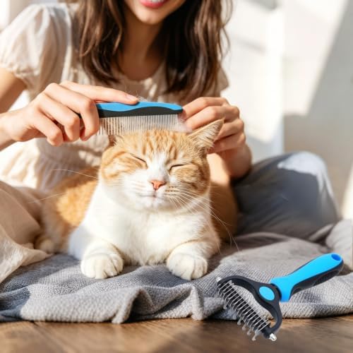 Pet Grooming Rake for Dogs & Cats - Double-Sided Deshedding and Dematting Tool, Gently Remove 95% of Loose Undercoat & Mats for Long-Haired Pets, Painless Fur Brush for Shedding Control (Comb+Nail)