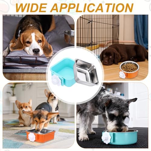 Crate Dog Bowl, Removable Stainless Steel Pet Cage Hanging Anti-Overturn Food Water Feeder Cage Cup (Square, Light Blue, 11.1oz), Intended for Puppies/Cat/Rabbit/Bird