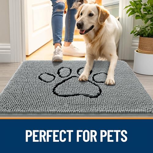 OLANLY Dog Door Mat for Muddy Paws 47x32, Paw Print Design Chenille Mud Mat