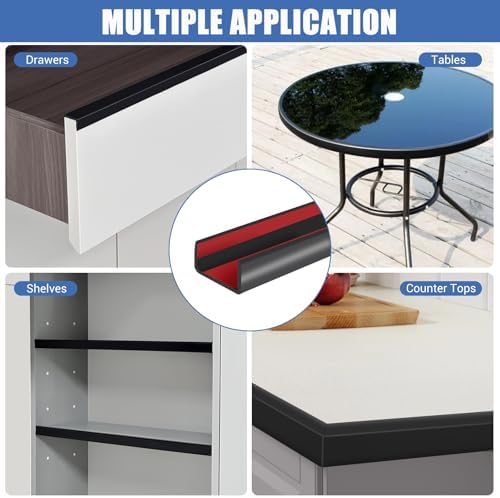 Slimline Cabinet Door Edge Protector, 3/4" Self Adhesive Peel and Stick Rubber Edge Guards, Flexible U Shaped Strips for Kitchen & Garbage Drawer Fronts, Edge Trims for Desks and Shelfves, Black, 10Ft