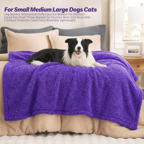 Waterproof Dog Blanket Sherpa Fleece Blankets Pet Blankets Bed Blanket Liquid Pee Proof Throw Blanket for Couches Beds Sofa Reversible Furniture Protector Cover 85x85in Cozy Washable Purple