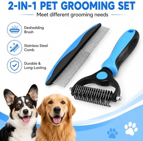 Double-Sided Pet Grooming Tool for Dogs & Cats, Undercoat Rake Dematting Comb for Removing Loose Hair, Mats & Tangles, Pet Deshedding Grooming Brush for Long & Short Hair (Black)