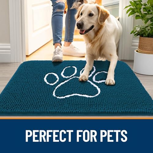 OLANLY Dog Door Mat for Muddy Paws 47x32, Paw Print Design Chenille Mud Mat