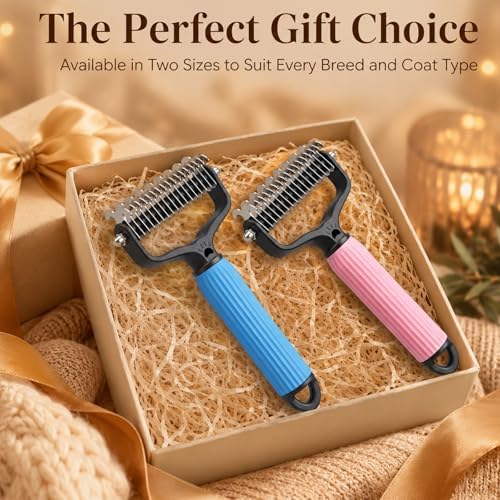 2 PcsPet Grooming Brush, Dematting Comb for Dogs and Cats, Double Sided Undercoat Rake – Undercoat Rake Pet Brush for Long Hair (Blue+Pink)