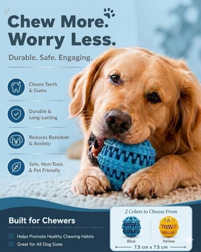 Rubber Dog Chew Toy Ball, Blue and Yellow, Bite-Resistant, Interactive Teeth Cleaning, Hidden Food Treat Dispenser for Dogs (Yellow)