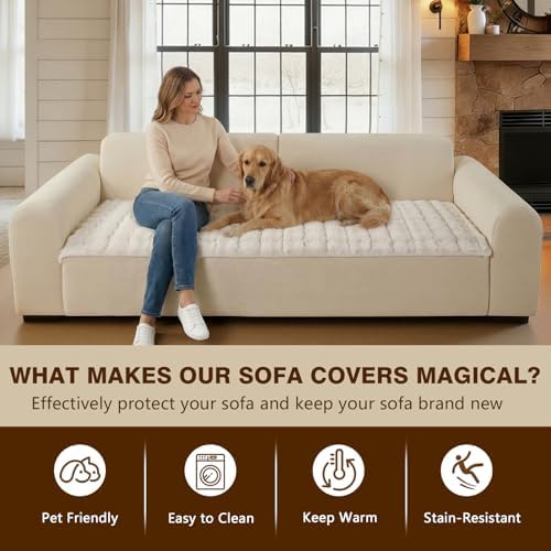 OHSIO Couch Cover for Pets Plush, Non Slip Cozy Sofa Cover Pet Friendly, Soft Thick Fuzzy Sofa Slipcovers for 3 Cushions Washable Couch Sofa Funiture Protector(White,27.6'' x 94.5'')